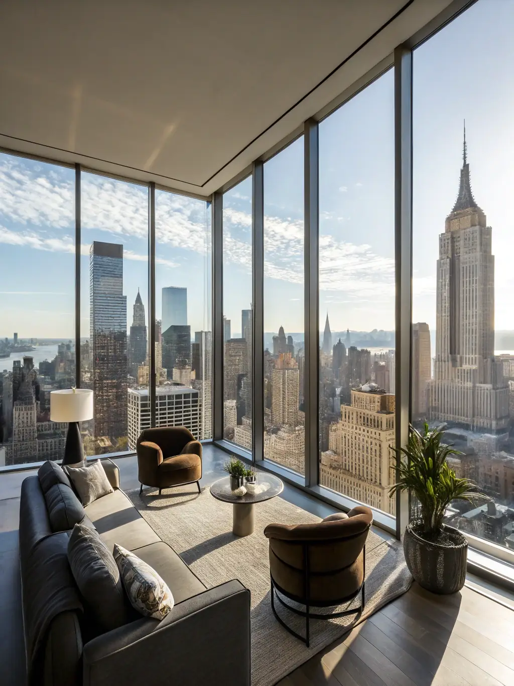 A modern, well-furnished apartment living room with large windows showing a vibrant city view, representing short-term rental appeal.