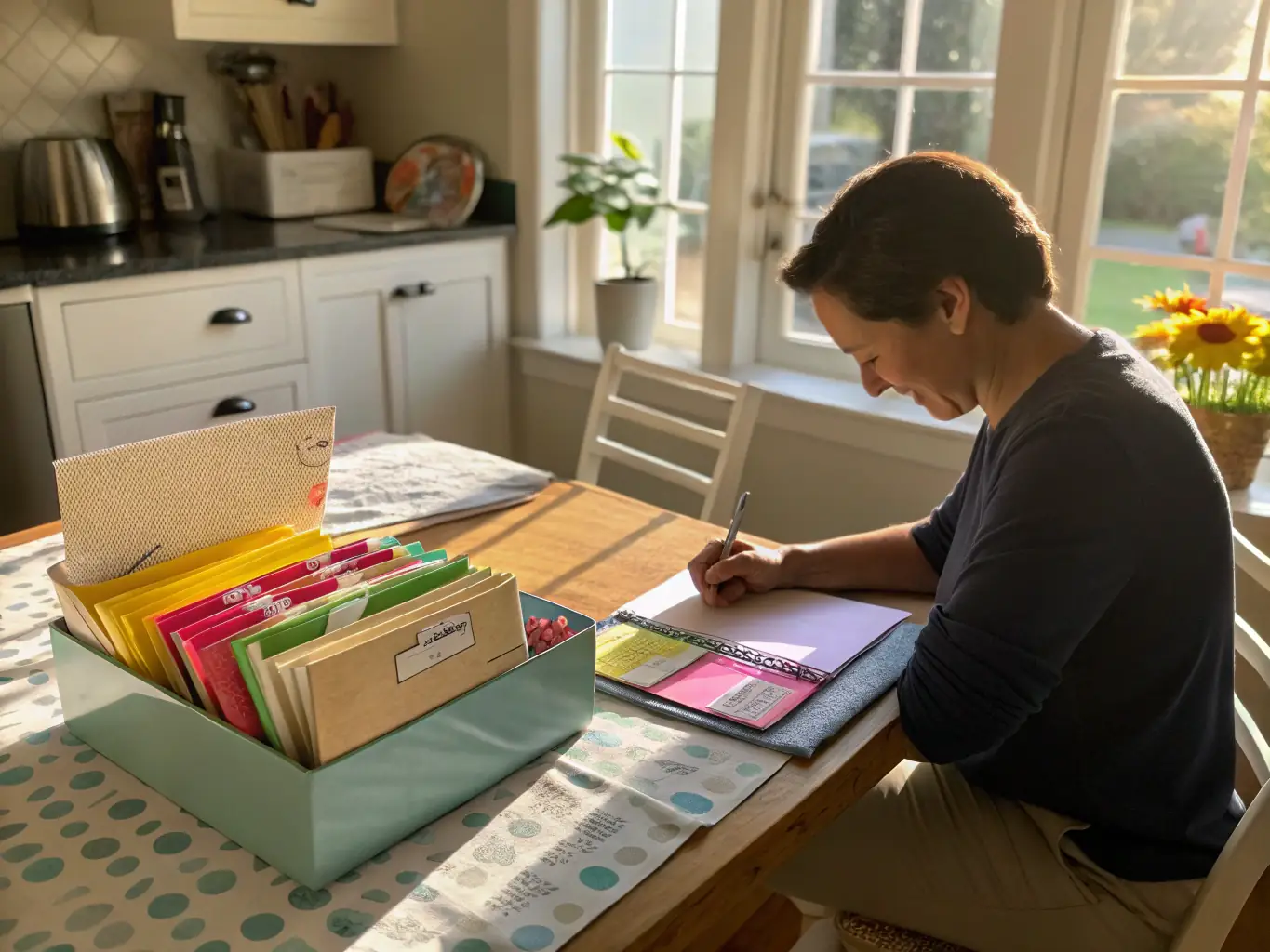 A homeowner sitting at their kitchen table, looking stressed while reviewing mortgage documents, with sunlight streaming through the window, symbolizing hope and a fresh start.