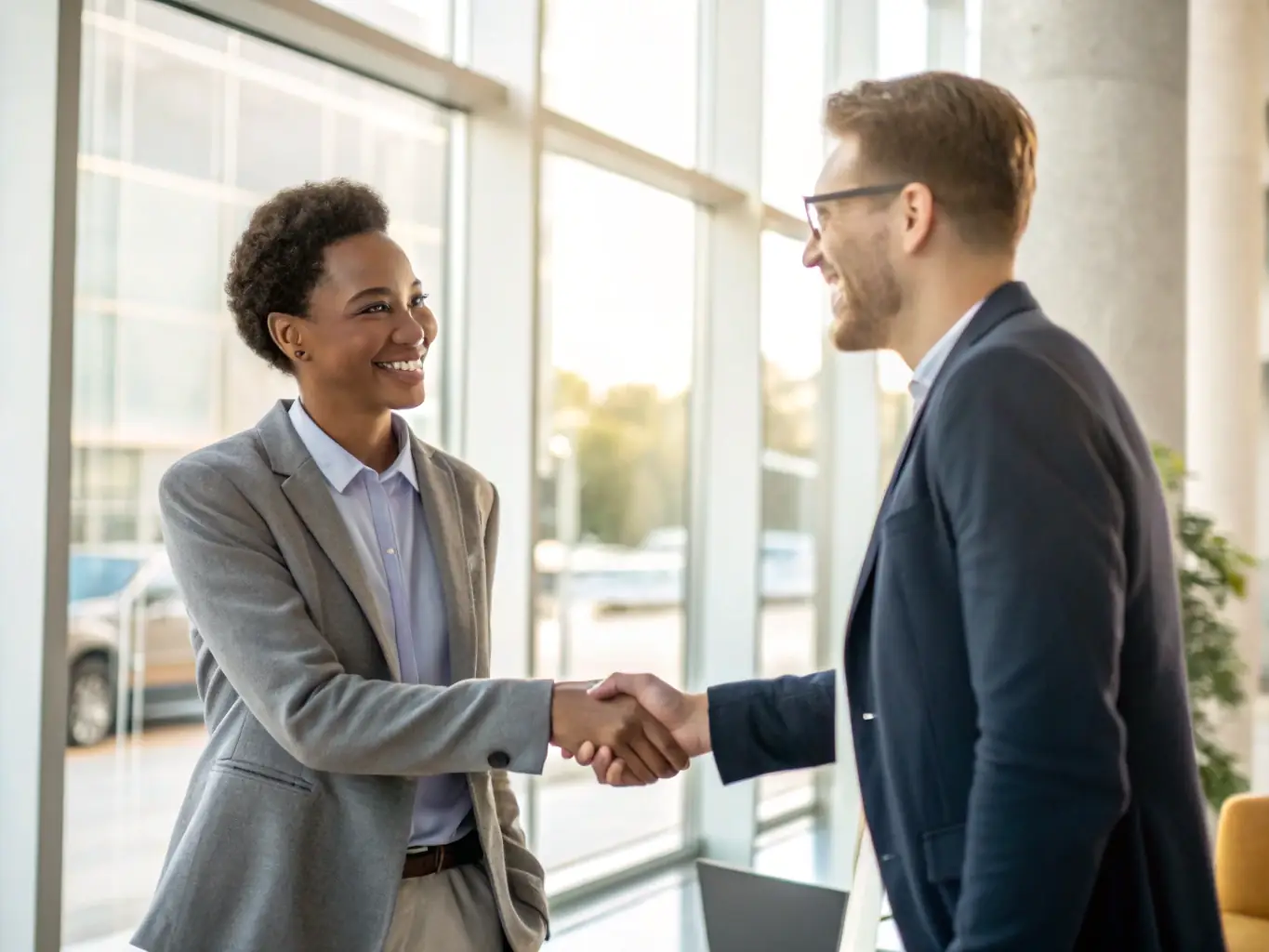 A photograph of a mature business owner, possibly in their late 50s or early 60s, shaking hands with a younger individual in a modern office setting, symbolizing the transfer of leadership and the continuation of the business. The background should be blurred to keep the focus on the handshake.